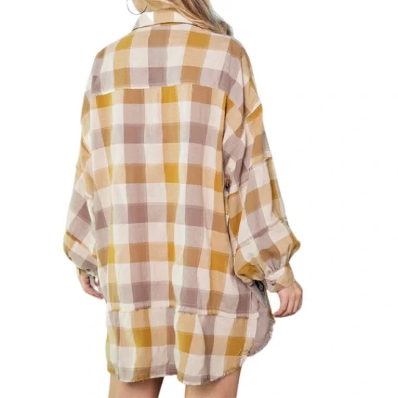 Easel Oversized Plaid Shirt in Brown and Tan - Picture 3 of 3